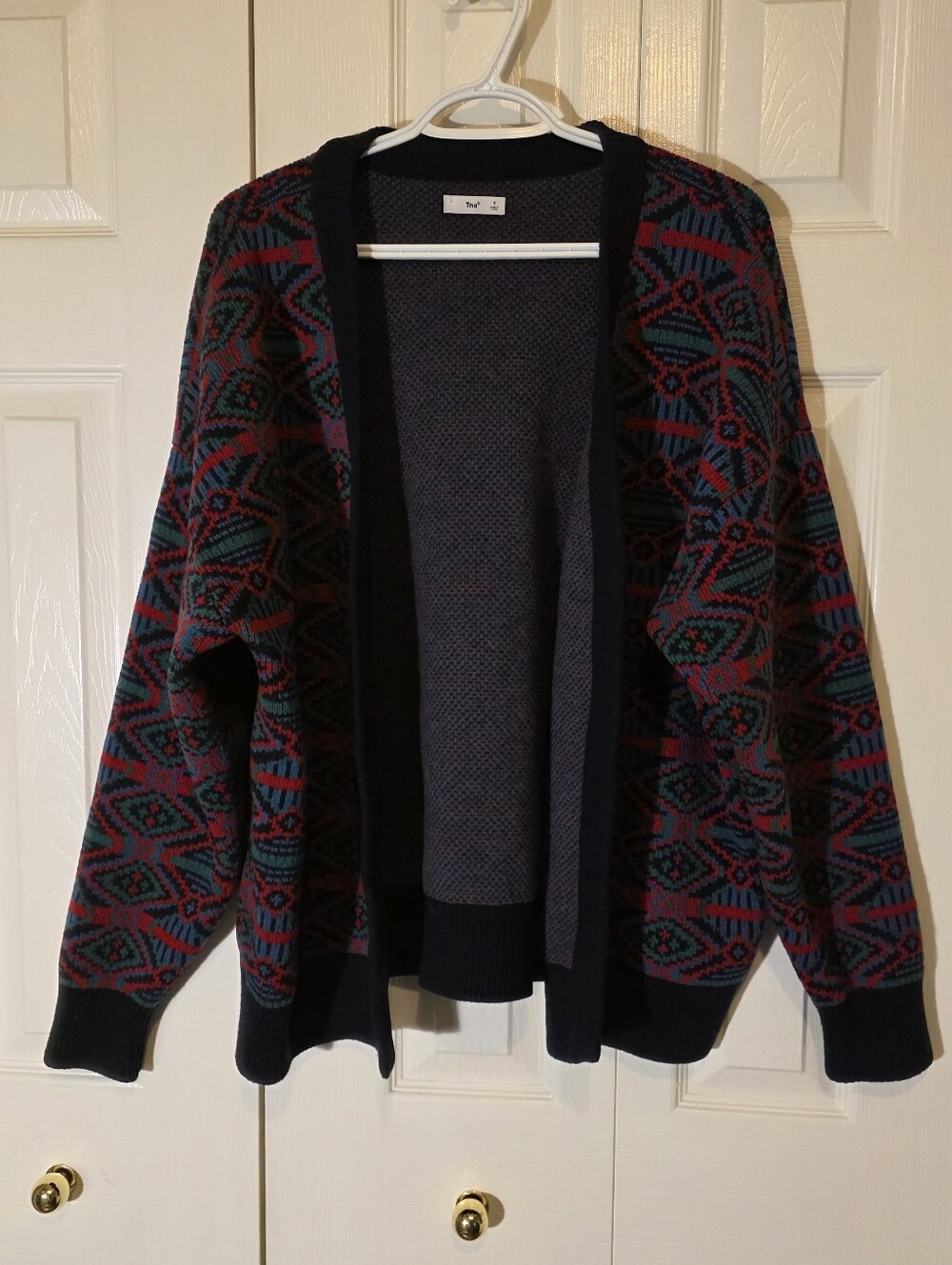 Aritzia TNA 100% Merino Wool Geometric Print Knit Cardigan, Size 3 (Large)